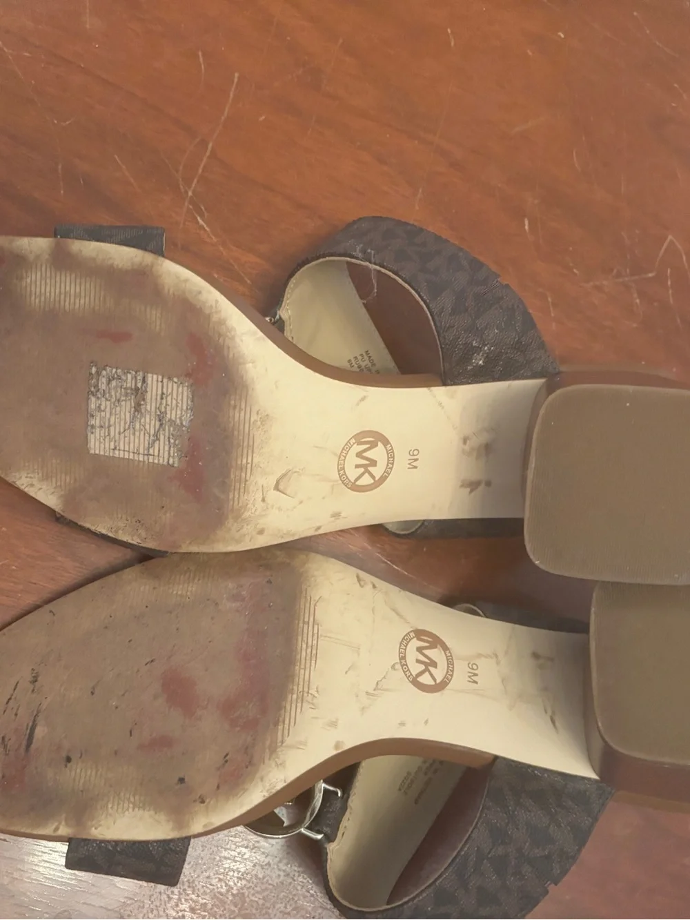 Michael Kors sz 9 Brown & Tan Monogram Logo Slide Sandals chunk heel MK Charm